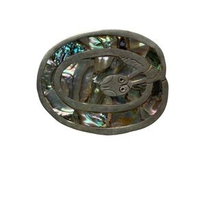 Vintage Alabone Shell Silver Large Belt Buckle Owl Bird Inlaid 1940s Mexico